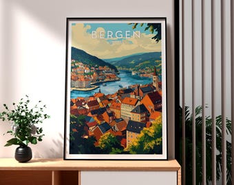 Bergen Norway Print: Vintage Travel Poster, City Wall Art