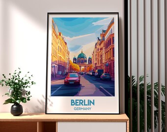May include: A colorful illustration of a street scene in Berlin, Germany. The image features a red car driving down a street lined with buildings. The Berlin Cathedral is visible in the background. The text "BERLIN GERMANY" is at the bottom of the image.