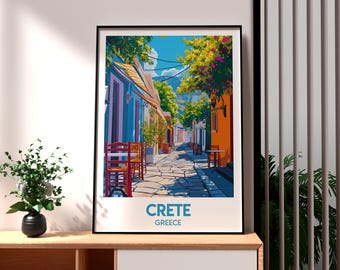 May include: A colorful illustration of a narrow street in Crete, Greece. The street is lined with buildings painted in shades of blue, yellow, and orange. There are tables and chairs set up outside some of the buildings, suggesting a cafe or restaurant. The street is paved with stone and there are trees and flowers growing along the sides.