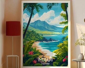 マウイ島ハワイ旅行ポスター：火山と山の壁アート - Etsy 日本