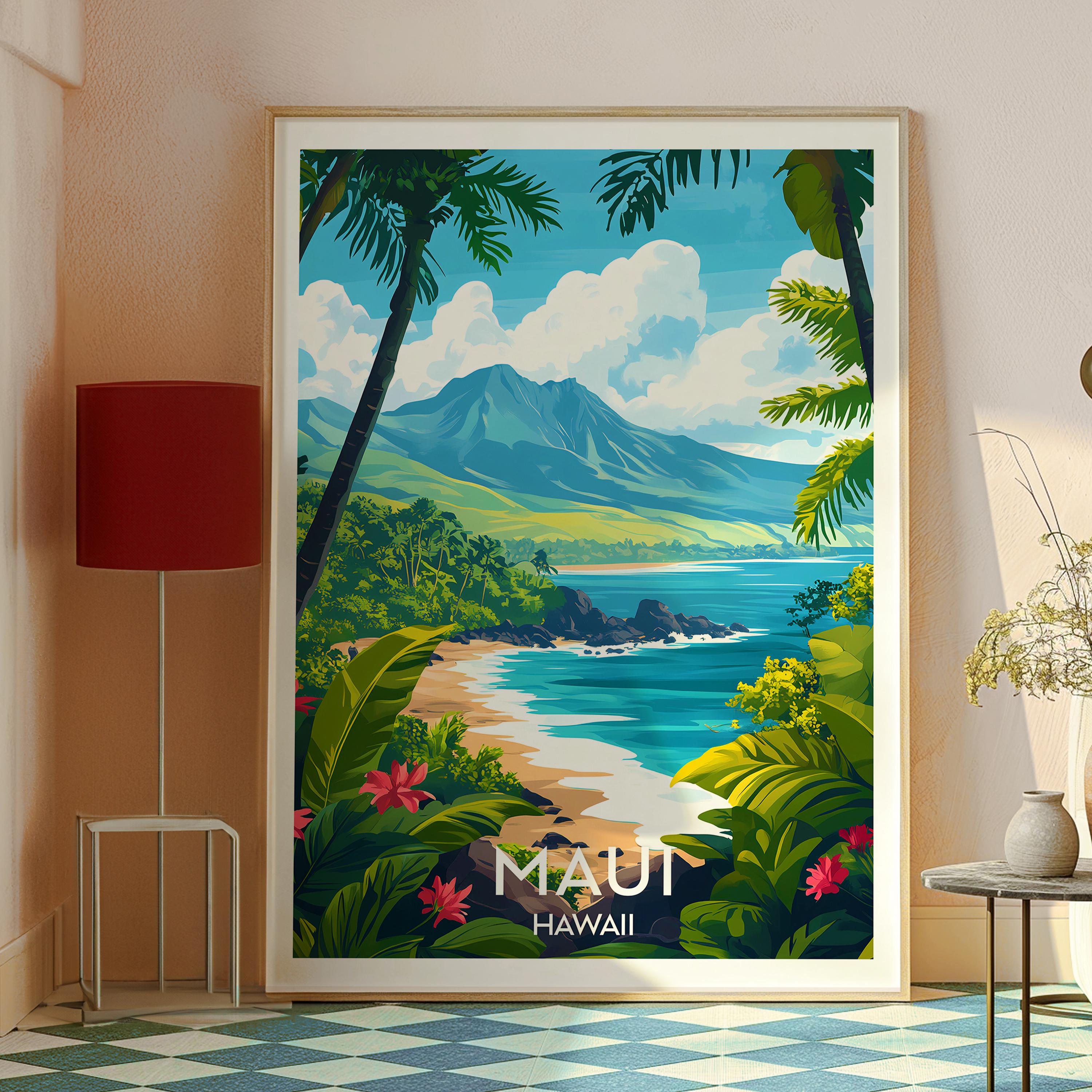 マウイ島ハワイ旅行ポスター：火山と山の壁アート - Etsy 日本