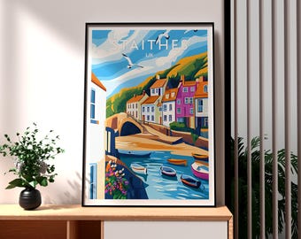 Puede incluir: Una ilustración colorida de un pueblo costero llamado Staithes, Reino Unido. La imagen presenta una fila de casas coloridas, un puente, un río y barcos. El cielo es azul con nubes blancas y una gaviota volando por encima.