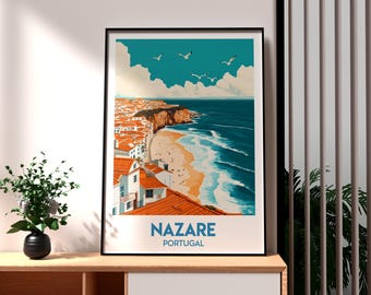 May include: A vintage travel poster featuring a colourful illustration of the town of Nazare, Portugal. The poster shows a view of the town from the cliffside, with the ocean in the background. The text "NAZARE PORTUGAL" is printed at the bottom of the poster.