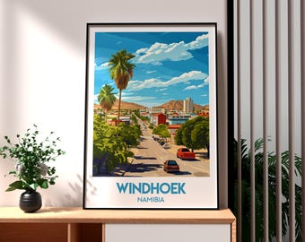 May include: A colorful illustration of Windhoek, Namibia, featuring a street lined with palm trees and buildings. The sky is blue with white clouds. The text "WINDHOEK NAMIBIA" is at the bottom of the image.
