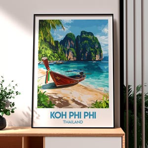 May include: A colourful illustration of a longtail boat on a beach in front of two green islands. The text "KOH PHI PHI THAILAND" is at the bottom of the image.