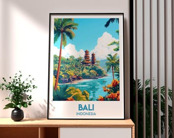 May include: A colorful vintage travel poster featuring a temple in Bali, Indonesia. The poster has a blue sky with white clouds, palm trees, and a turquoise ocean. The text "BALI INDONESIA" is at the bottom of the poster.