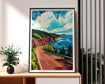 May include: A vintage-style travel poster featuring a scenic view of the Cabot Trail in Canada. The poster depicts a winding road along a rugged coastline with red cliffs, blue ocean, and lush green trees. The text "CABOT TRAIL CANADA" is displayed at the top of the poster.