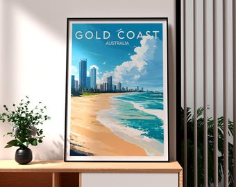 Puede incluir: Un póster de viaje vintage con una ilustración colorida del horizonte de la Costa Dorada en Australia. El póster tiene un cielo azul con nubes blancas y una escena de playa con agua turquesa y olas blancas.