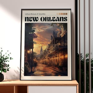 Arte mural de Nueva Orleans - Impresión de Luisiana - Póster del estado de Luisiana - Arte mural de EE. UU. - Regalo para viajeros - Impresión de viaje a EE. UU. - Barrio Francés
