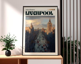 May include: A vintage-style poster featuring a cityscape of Liverpool, United Kingdom. The poster has a black frame and features a sunset over the city with the text "Liverpool" in bold, green letters.