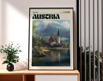 Austria Travel Poster: Lake and Mountain View Art Print