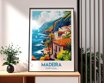 May include: A colorful illustration of a coastal town in Madeira, Portugal. The image features a hillside with buildings, palm trees, and a blue ocean with sailboats in the distance. The text "Madeira Portugal" is at the bottom of the image.