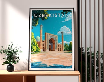 Poster di viaggio dell'Uzbekistan: stampa artistica delle moschee della città di Samarcanda