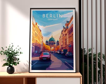 May include: A colorful illustration of a street scene in Berlin, Germany. The image features a view of the Berliner Dom, a famous church, with buildings on either side of the street. A red car is driving down the street.