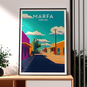 Impresión de Marfa - Arte mural de Texas - Póster del estado de EE. UU. - Arte mural de EE. UU. - Regalo para viajeros - Impresión de viajes a EE. UU. - Póster de Marfa, Texas - Arte de Marfa, Texas