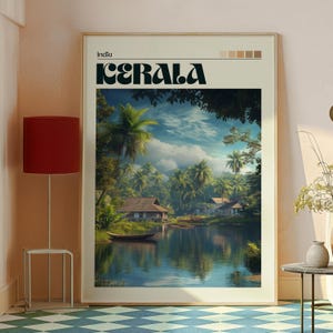 May include: A retro-style travel poster featuring a scenic view of a tropical lagoon in Kerala, India. The poster has a brown frame and the text "India" and "KERALA" in bold, black letters.