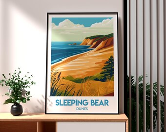 May include: A vintage-style poster with a colorful illustration of a beach with sand dunes and a blue ocean. The text "SLEEPING BEAR DUNES" is at the bottom of the poster.