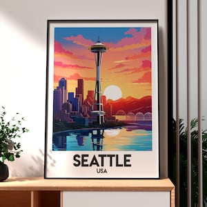 Póster de Seattle - Impresión del estado de Washington - Póster de Washington - Arte mural de Space Needle - Póster del estado de EE. UU. - Arte mural de Seattle - Space Needle