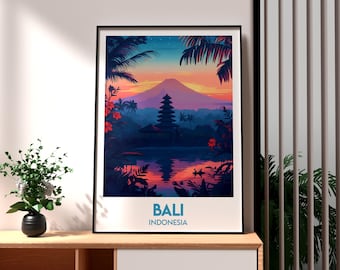 May include: A colourful poster featuring a silhouette of a temple and a mountain in the background. The poster has the text "BALI INDONESIA" at the bottom.