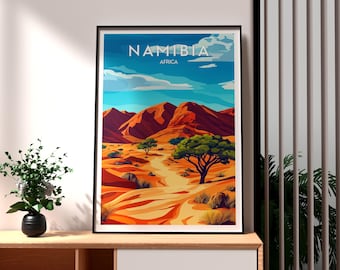 Puede incluir: Una ilustración colorida de un paisaje desértico en Namibia, África. La imagen presenta formaciones rocosas rojas, un camino de tierra y un árbol verde en primer plano. El cielo es azul con nubes blancas.