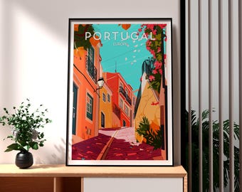 Plakat podróżniczy z Portugalii: Kolorowy wydruk artystyczny z ulic miasta