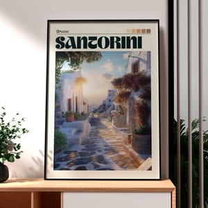 Print Santorini Griekenland: reiskunst aan de muur, witte gebouwen