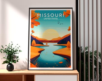 Puede incluir: Un cartel de viaje vintage con una ilustración colorida de un lago y árboles en colores otoñales. El texto "MISSOURI UNITED STATES" está en la parte superior del cartel.