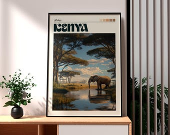 Plakat podróżniczy do Kenii: wydruk artystyczny ze słoniem afrykańskim