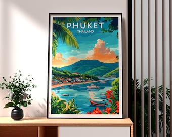 May include: A colorful travel poster with the text "PHUKET THAILAND" in white lettering. The poster depicts a tropical island scene with lush green palm trees, a blue ocean, and a mountain range in the background.