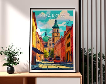Krakow Poland Travel Poster: Colorful Old Town Print