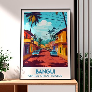 May include: A colorful illustration of a street scene in Bangui, Central African Republic. The image features palm trees, colorful buildings, and cars driving down a street.