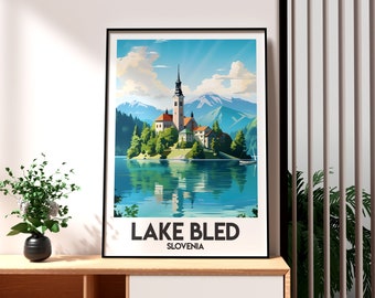 Stampa del lago di Bled, Slovenia: poster di viaggio in Europa, arte delle Alpi Giulie