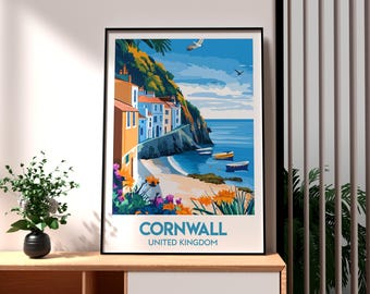 Cornwall Coast Print – England Travel Poster, Beach Wall Art