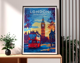 London Travel Poster: Big Ben & Red Bus Wall Art - Etsy