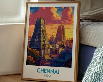 May include: A framed poster featuring a colourful illustration of a temple complex in Chennai, India. The poster has the text "CHENNAI INDIA" at the bottom.