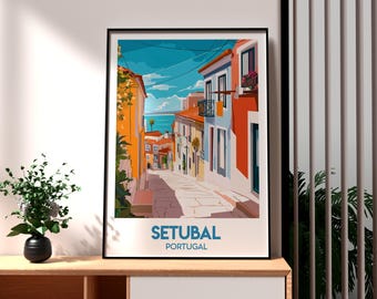 May include: A colorful illustration of a street in Setúbal, Portugal. The street is lined with brightly colored buildings, and the ocean can be seen in the distance. The text "SETÚBAL PORTUGAL" is printed at the bottom of the image.