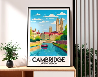 Könnte beinhalten: Eine farbenfrohe Illustration von Cambridge, Vereinigtes Königreich, mit einem Fluss, einem Boot, einer Brücke und Gebäuden mit einem hohen Turm. Der Text "CAMBRIDGE" und "UNITED KINGDOM" befindet sich am unteren Rand des Bildes.