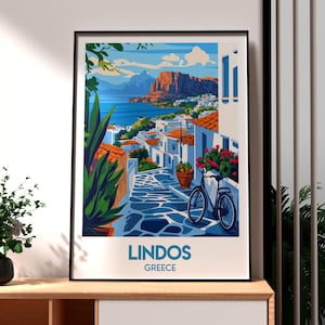 Lindos Print - Greece Wall Art - Rhodes Island Poster - Travel Wall Art - Greek Art - Lindos Greece Poster - Rhodes Coastal Art - Greek Art