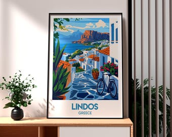 May include: A colorful illustration of a street scene in Lindos, Greece. The image features a whitewashed building with a bicycle parked in front of it. The street is cobblestone and leads up to a hilltop with a view of the sea. The text "Lindos, Greece" is printed at the bottom of the image.