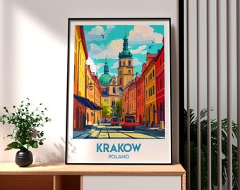 Krakow Poland Travel Poster: Colorful Old Town Print