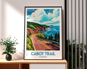 May include: A colourful illustration of a winding road along the Cabot Trail in Nova Scotia, Canada. The road curves along a cliffside overlooking a blue ocean with a bright blue sky and white clouds above.