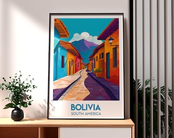 Poster di viaggio in Bolivia: stampa artistica colorata del Sud America