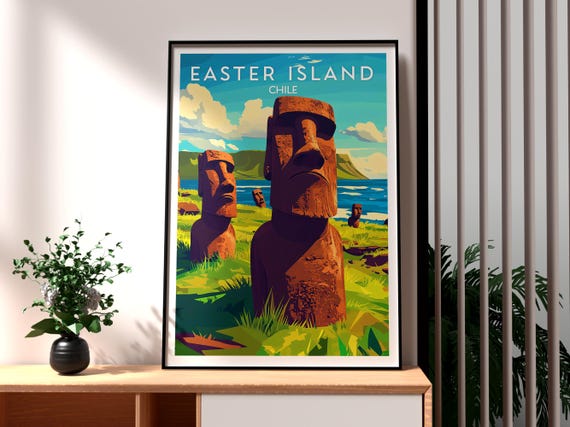 イースター島のモアイ像のアートプリント：チリ旅行ポスター - Etsy 日本
