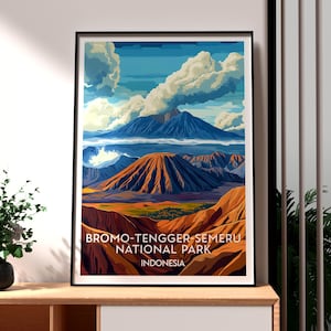 May include: A colourful illustration of the Bromo-Tengger-Semeru National Park in Indonesia. The image features a mountain range with a large cloud formation above. The text "Bromo-Tengger-Semeru National Park" and "Indonesia" is printed below the image.