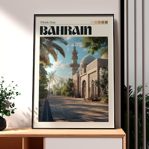 May include: A poster with a black frame featuring a photograph of a mosque in Bahrain. The poster has the text "Middle East" and "BAHRAIN" in a bold, black font.