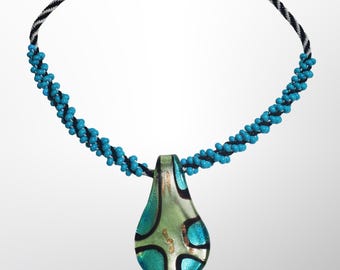Silver, Black, and Turquoise Glass Pendant