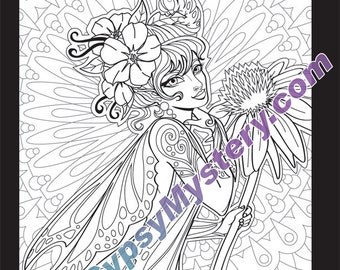 May include: A black and white line art illustration of a fairy with butterfly wings, holding a large flower. The fairy has a flower crown and a caterpillar on her head. The background is a detailed mandala pattern.