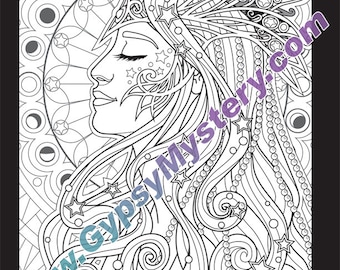 May include: A black and white line art illustration of a woman with long flowing hair, wearing a crown and a headdress with intricate details. The woman's eyes are closed and she is looking to the side. The background is filled with stars, moons, and swirls.