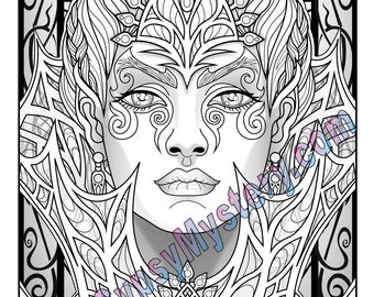 May include: A black and white line art illustration of a woman's face with intricate details. The woman is wearing a crown and a necklace with a large pendant. The background is a geometric pattern.
