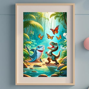 Shark and Dinosaur, friends print - wall art, fantasy, whimsical, storybook, kids room, jungle, dinosaur, prehistoric, butterflies, games